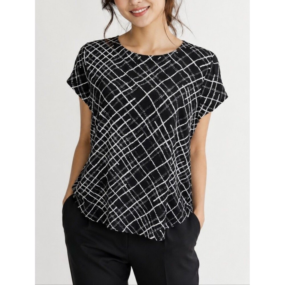 Talbots Women's Blouse Top Short Sleeves White and Black  M